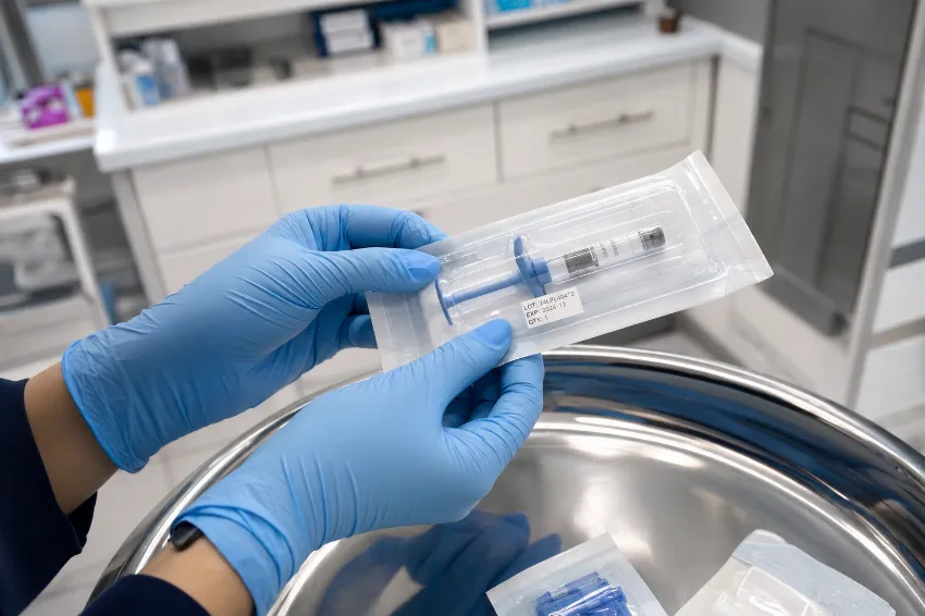 Medicinsko osebje v rokavicah preverja sterilno embalažo dermalnega polnila.